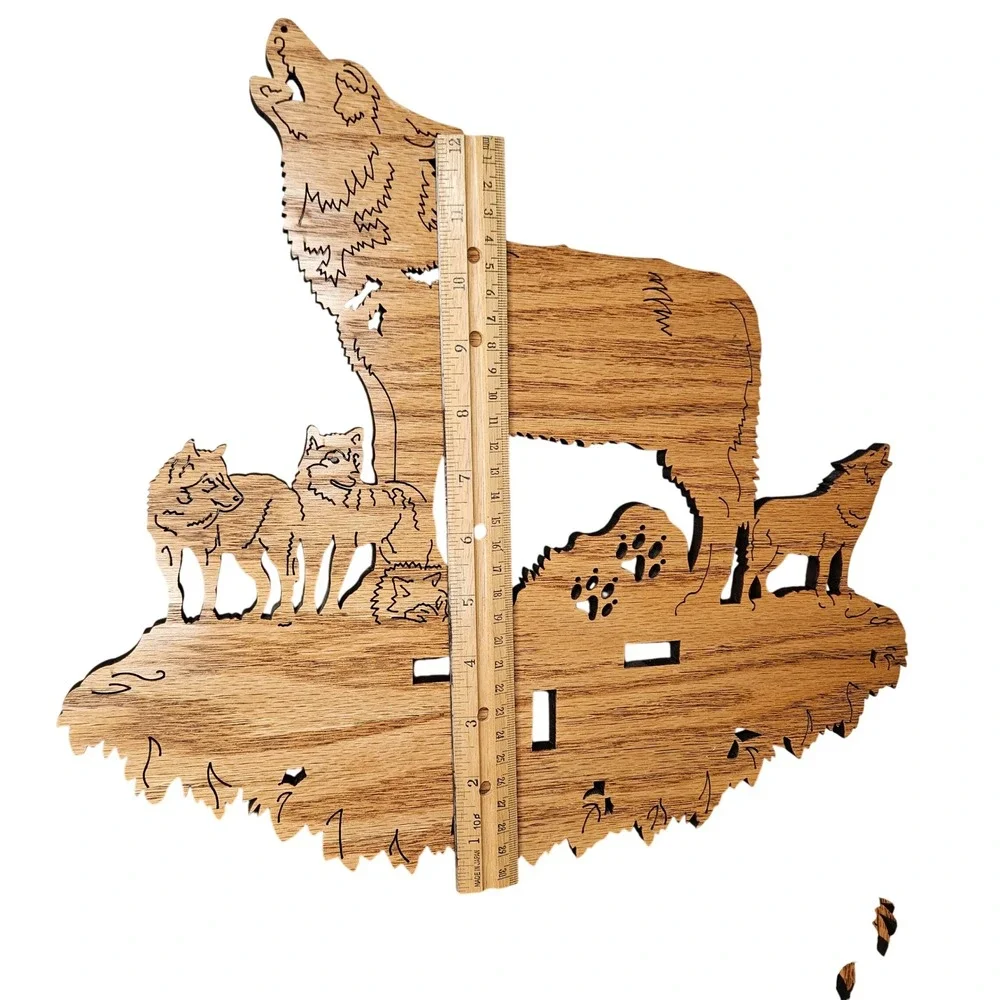 Rustic Scroll Cut Wood Wolf‎ Pack Floating Wall Shelf Howling Wolves Cabin Decor